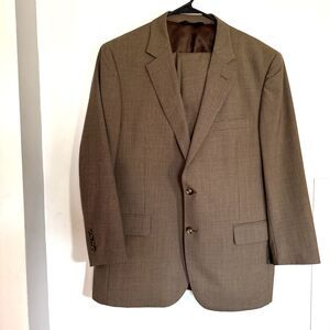 Jos A Bank Suit Mens 46R Regular Beige Wool Houndstooth 2 Pc Pleated Pants Busin